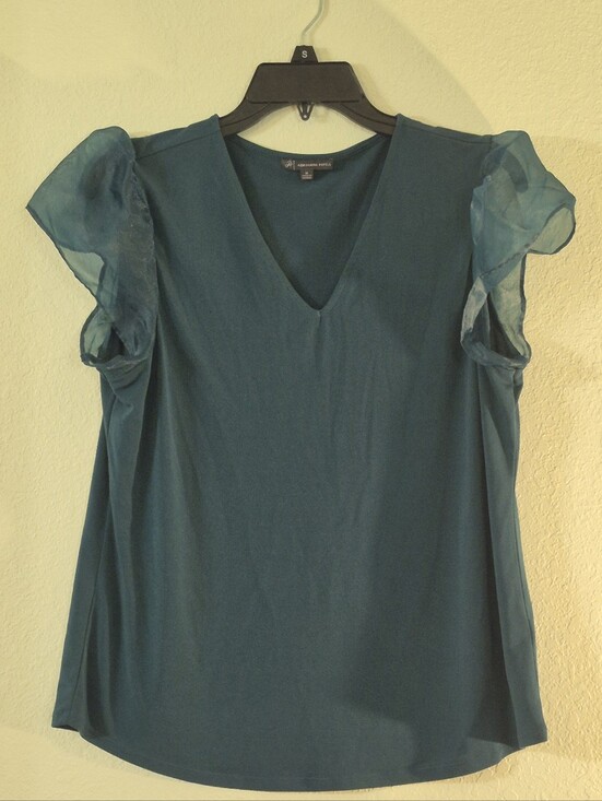 Adrianna Papell Tops - Adrianna Papell Teal V-Neck Blouse with Sheer Flutter Sleeves